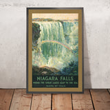 Affiche de voyage des chutes du Niagara : où les Grands Lacs bondissent vers la mer, par Frederic C. Madan, 1925 
