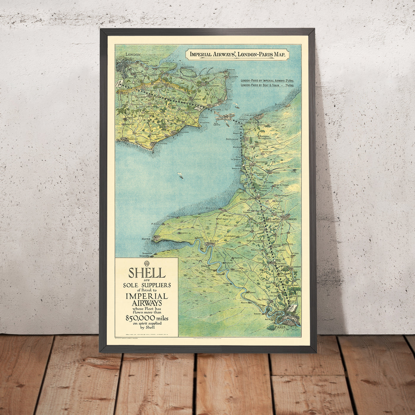 Old Route Map of London to Paris by Air, 1928: Imperial Airways, Croydon, Handley Page Biplane