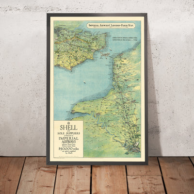 Old Route Map of London to Paris by Air, 1928: Imperial Airways, Croydon, Handley Page Biplane