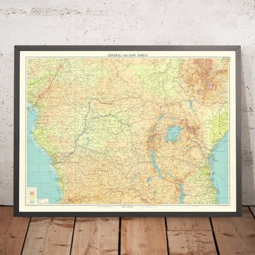 Antica mappa dell’Africa Centrale e Orientale di Bartholomew, 1922: mandati del dopoguerra; Grandi Laghi; ferrovia e telegrafo 
