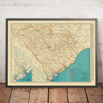 Old Map of South Carolina, 1930: Charleston inset, Columbia, Greenville, railroads & highways, Savannah River