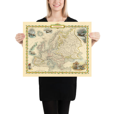Old Map of Europe by John Tallis, 1851: Seal Hunting, Camels, Slave Market, etc.