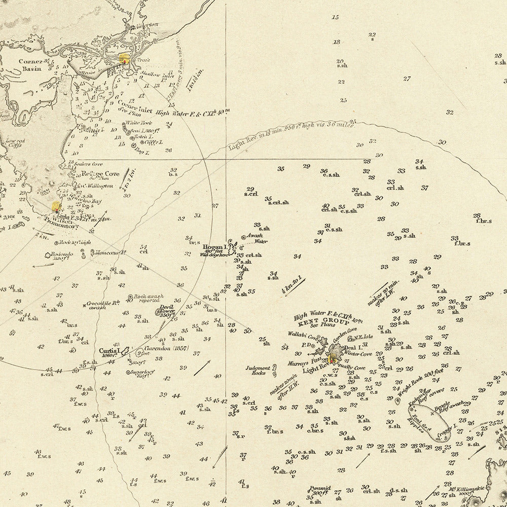 Antigua carta náutica del Estrecho de Bass por Stokes, 1844: Australia, Tasmania, Puerto Dalrymple, Isla King 