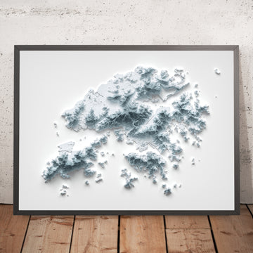 Ein gerahmtes Bild einer topografischen Reliefkarte von Hongkong im 3D-Stil