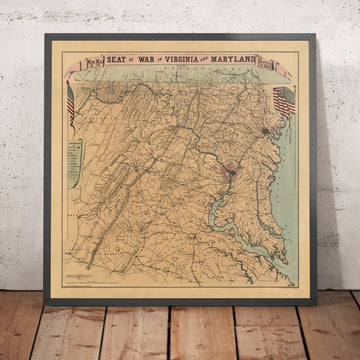 Old Civil War Map of Virginia and Maryland by Bruff, 1863: Washington forts, Richmond, Fredericksburg, Baltimore, B&O RR