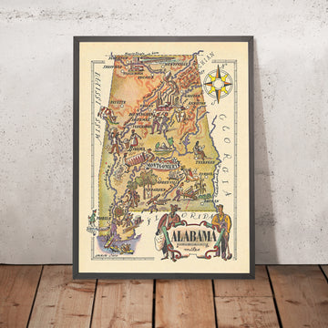 Old Pictorial Map of Alabama by Liozu, 1946: Huntsville, Birmingham, Montgomery, Mobile, Tennessee River