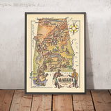 Ancienne carte picturale de l’Alabama par Liozu, 1946 : Huntsville, Birmingham, Montgomery, Mobile, Tennessee River 