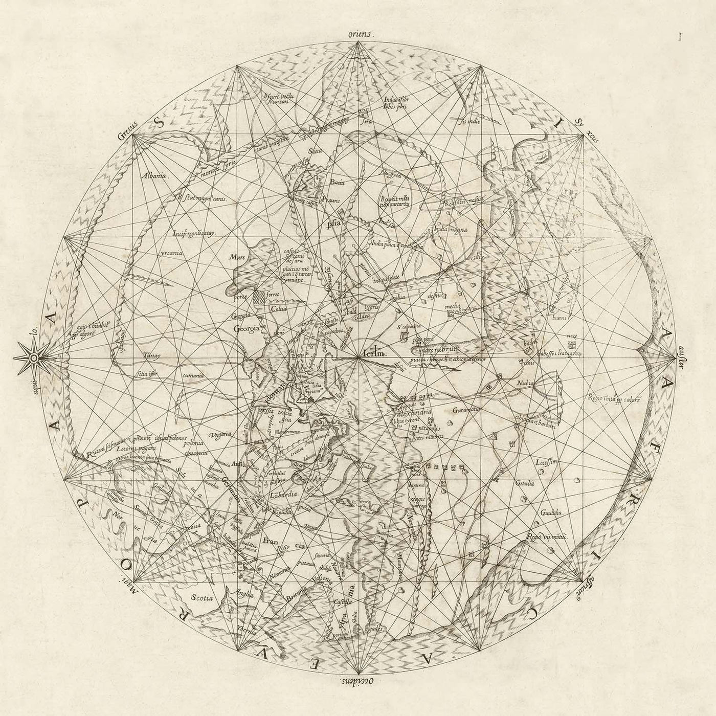 Carte du monde médiévale centrée sur Jérusalem par Vesconte, 1611 : Mappa Mundi Portolan 