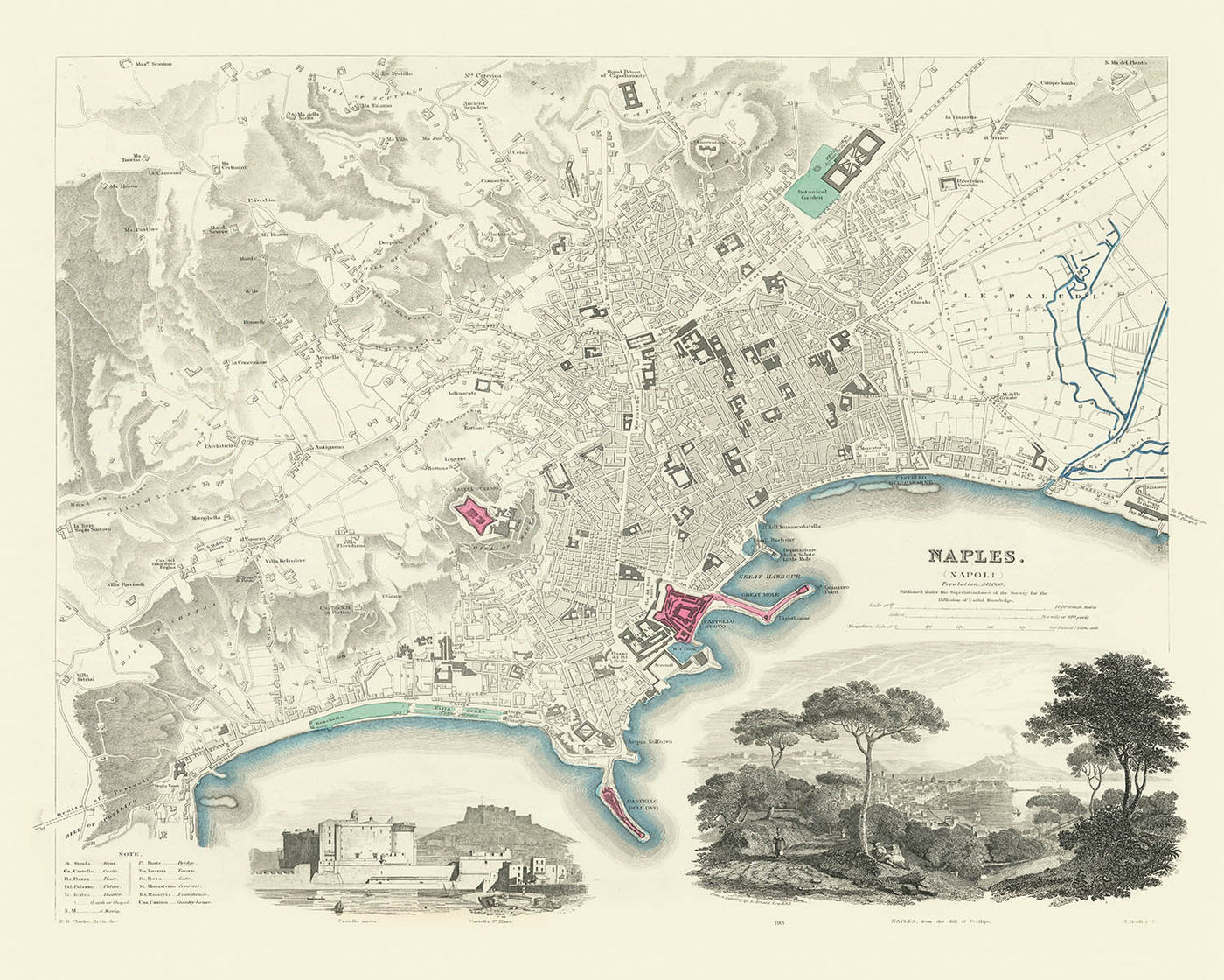Old Map of Naples by SDUK, 1835: Castello Nuovo, St. Elmo, Posilipo, Toledo, Great Harbour