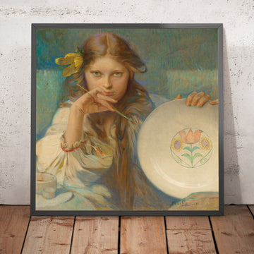 A framed image of Girl with a Plate with a Folk Motif by Alphonse Mucha, 1920