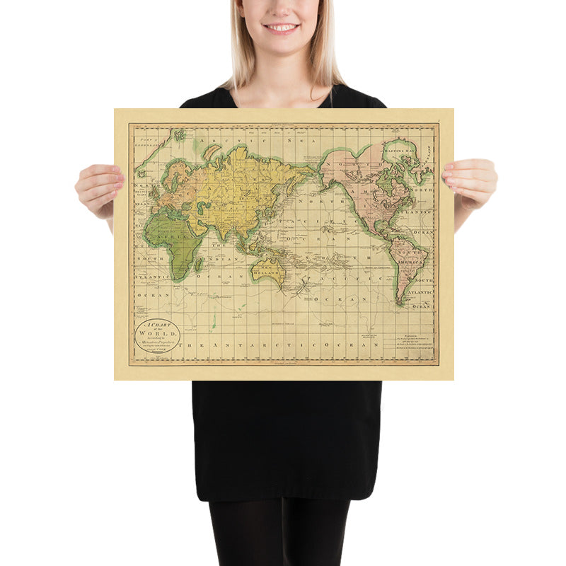 Ancienne carte du monde de Mercator montrant les découvertes du Capitaine Cook par Carey, 1814 : Pacifique centré 