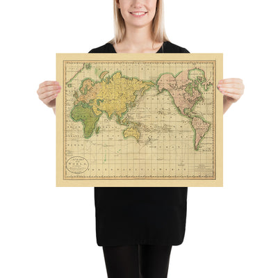 Ancienne carte du monde de Mercator montrant les découvertes du Capitaine Cook par Carey, 1814 : Pacifique centré 