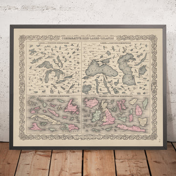 The Comparative Size of Lakes and Islands of the World, 1886: North & South Hemispheres, Great Lakes, Black Sea, etc.