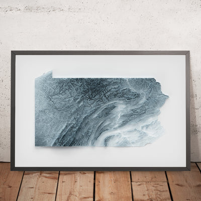 A framed image of a 3D style topographic relief map ofPennsylvania