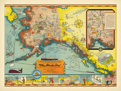 Old Pictorial Map of Alaska by Camy, 1940: Anchorage, Fairbanks, Railway, Geysers, Whales
