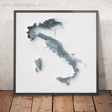 A framed image of a 3D style topographic relief map ofItaly