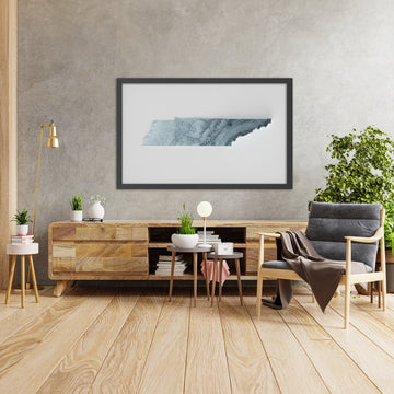 A framed image of a 3D style topographic relief map ofTennessee