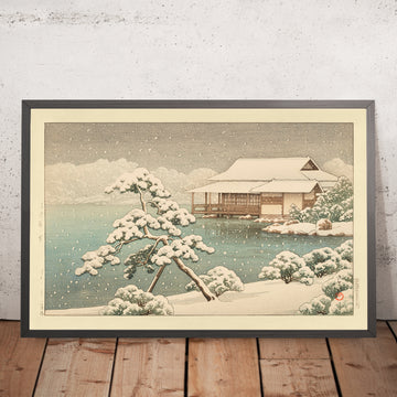 A framed image of Snow at Kiyosumi Park by Hasui Kawase 1935