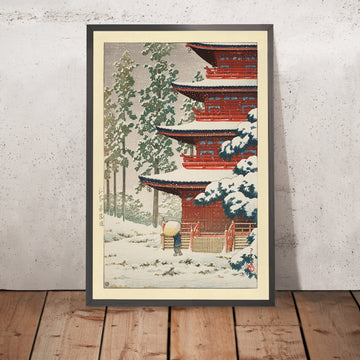 A framed image of Saishoin Temple in the Snow by Hasui Kawase, 1936