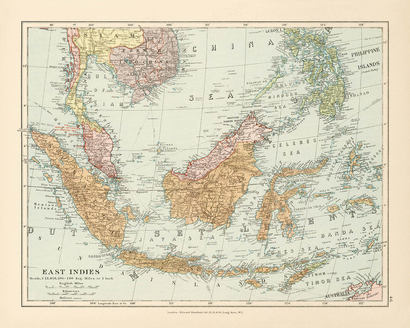 Mapa antiguo de las Indias Orientales por Stanford, 1926: Indonesia, Malasia, Filipinas, Ferrocarriles 
