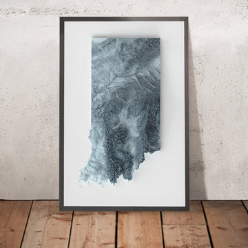 A framed image of a 3D style topographic relief map ofIndiana
