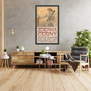 A framed image of Zdeňka Černý, the Greatest Bohemian Violoncellist by Alphonse Mucha, 1860