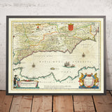 Old Map of Southern Spain by Blaeu, 1640: Granada, Murcia, Malaga, Naval Battle