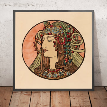 A framed image of Stained Glass Design for the Fouquet Boutique Façade by Alphonse Mucha, 1860
