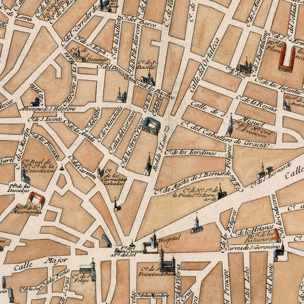 Antigua Mapa de Madrid por de Fer, 1705: Palacio Real, Calle Mayor, Campo Grande, Escudos de Armas, Iglesias 