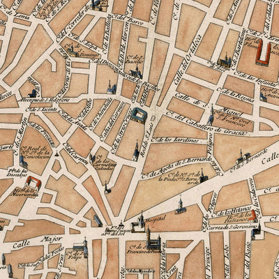 Antigua Mapa de Madrid por de Fer, 1705: Palacio Real, Calle Mayor, Campo Grande, Escudos de Armas, Iglesias 