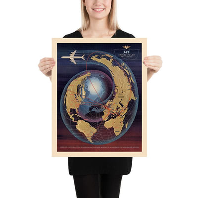 Old Airline Polar Projection World Map by SAS, 1960: Spiral Design, Global Routes
