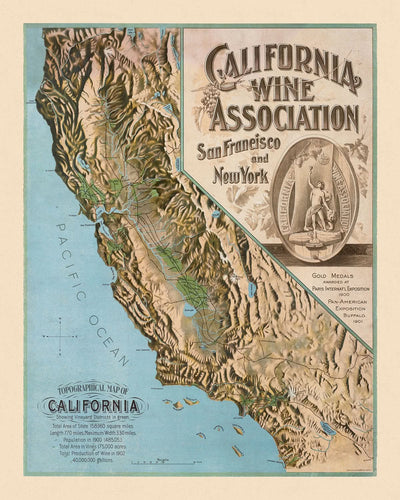 Old Topographical Wine Map of California, 1903: LA, SF, Napa, Sonoma, Pacific