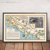 Ancienne carte picturale de la route aérienne San Francisco–Los Angeles, 1929 : Yosemite, lac Tahoe, baie de Monterey, col Grapevine, vallée centrale 