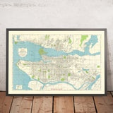 Alte Stadtkarte von Vancouver von Wrigley, 1947: Stanley Park, Lions Gate Bridge, Burrard Inlet, False Creek, Fraser River 