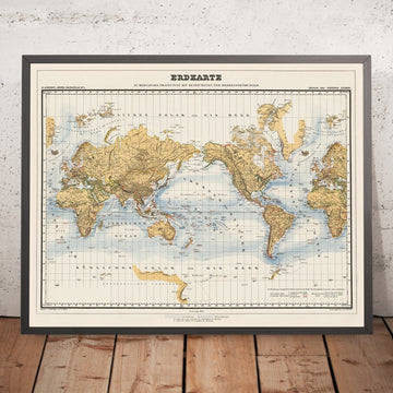 Old German World Map by Kiepert, 1891: Mercator projection, dual prime meridians, ocean currents