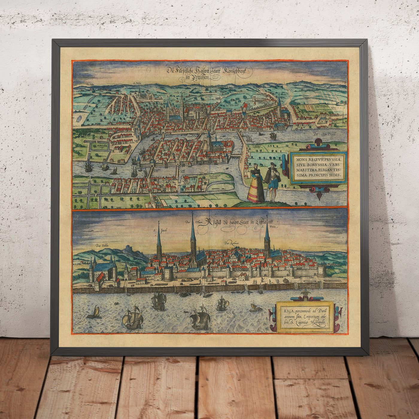 Ancienne carte de Kaliningrad et de Riga par Braun & Hogenberg, 1599 : Églises, Tours, Bateaux, Ports, Tenues 