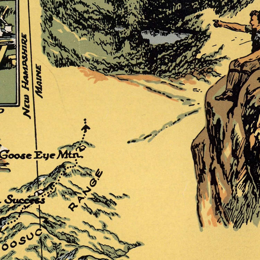 Antica mappa pittorica del White Mountain National Forest, 1930: Cannon Mt., Appalachian Trail, Franconia Notch, Mt. Washington, Conway 