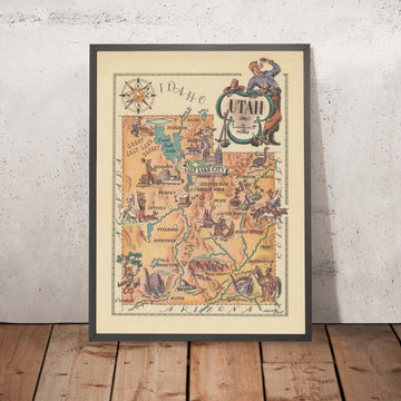 Ancienne carte picturale de l’Utah par Liozu, 1946 : Great Salt Lake, Salt Lake City, Zion NP, Bryce Canyon, Provo 