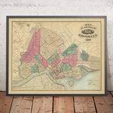 Antica mappa stradale di Brooklyn, New York, 1869: Navy Yard, Prospect Pk, Green-Wood Cem., Eastern Pkwy, Fulton Ferry 
