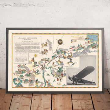 Bildkarte der Luftroute von Los Angeles–Salt Lake City, 1929: Western Air Express, Tri-Motor Fokker, Las Vegas, Großer Salzsee, Zion-Nationalpark 