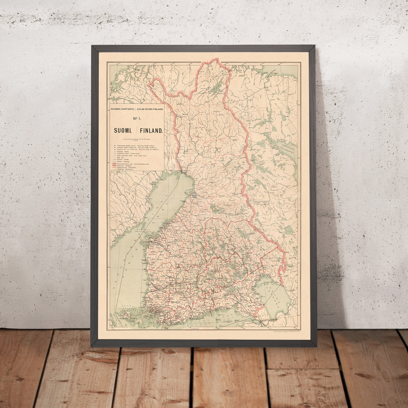 Ancienne carte de la Finlande, 1897 : Helsinki, Tampere, Golfe de Botnie, Chemins de fer, Frontières 