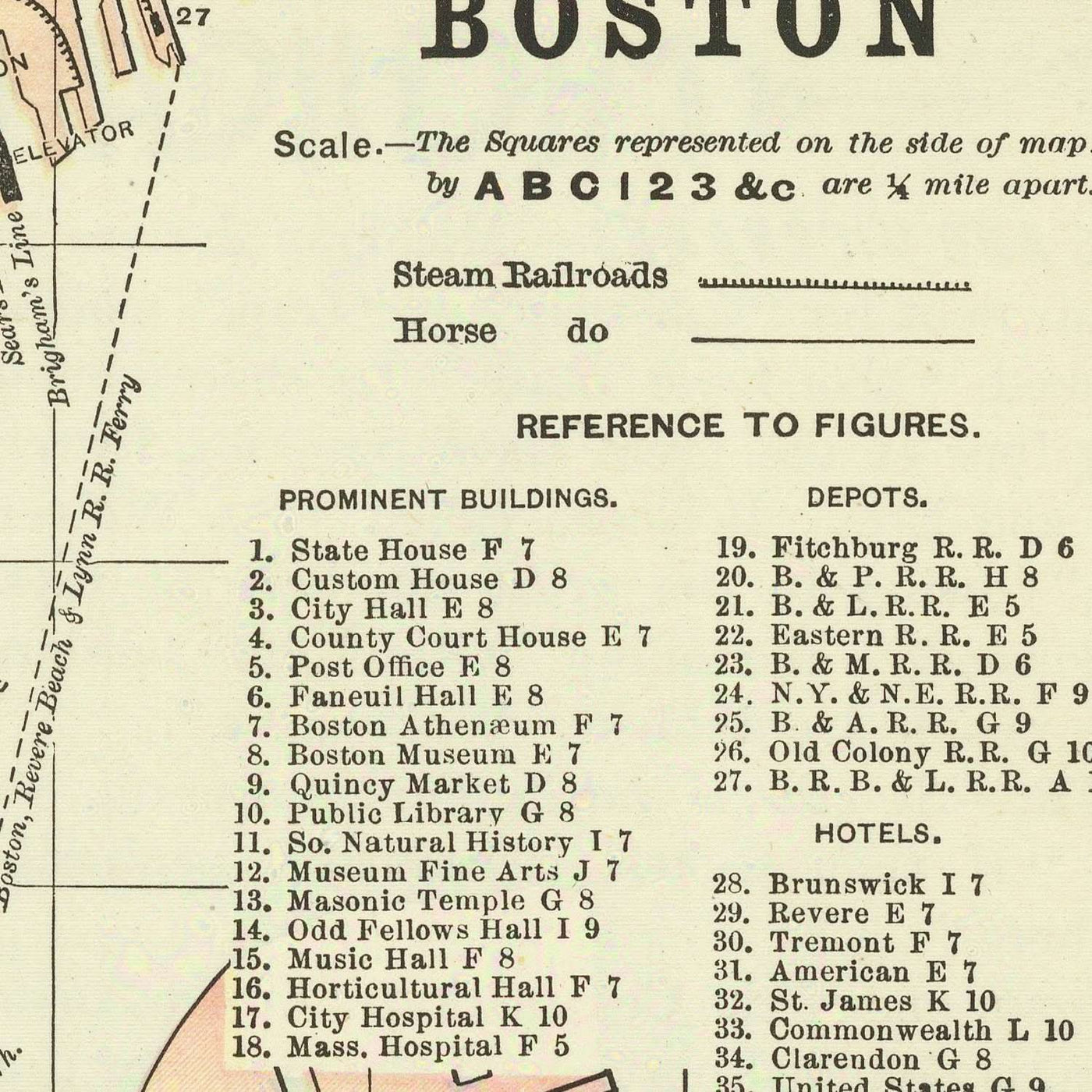 Mapa antiguo de Boston de Fisk & Co., 1893: el Common, el jardín público, los Fens, el río Charles, el parque Franklin