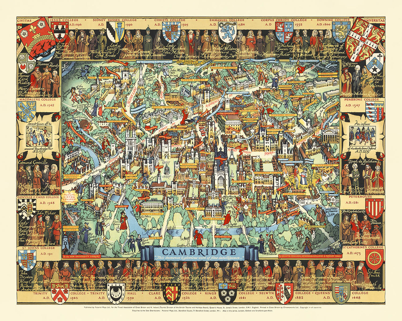 Old Pictorial Map of Cambridge by Lee, 1948: King's College, River Cam, Bridge of Sighs, Trinity College, St. John's