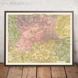 Vecchia mappa vittoriana di Londra, 1890: altamente dettagliata, confini di contea, ridotta dall'Ordnance Survey 