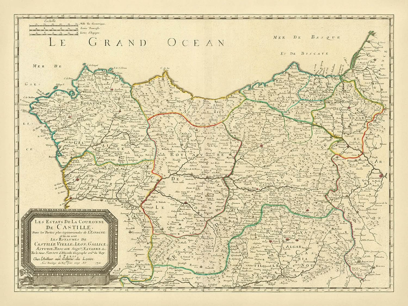 Mapa antiguo del norte de España por Sanson, 1652: Galicia, Asturias, San Sebastián, Bahía de Biscay, País Vasco 