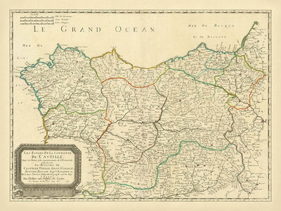 Mapa antiguo del norte de España por Sanson, 1652: Galicia, Asturias, San Sebastián, Bahía de Biscay, País Vasco 