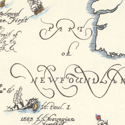 Mapa antiguo de New Brunswick, Nueva Escocia y la Isla del Príncipe Eduardo por Furse, 1963: Batallas navales, rutas de exploración 