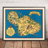 Antiguo mapa pictórico de Maui, Hawái, de White, 1931: Haleakala, Lahaina, puerto de Kahului, Wailuku, montañas de West Maui 