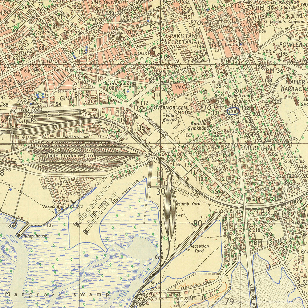 Mapa antiguo de guía de Karachi, 1929: Saddar, Clifton, Lyari, puerto de Karachi, mar Arábigo 