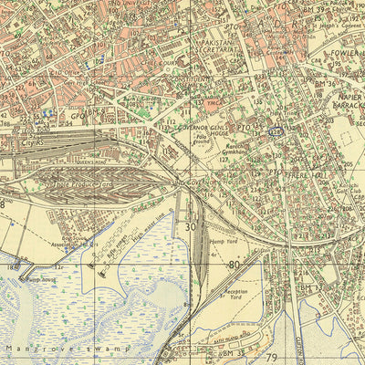 Mapa antiguo de guía de Karachi, 1929: Saddar, Clifton, Lyari, puerto de Karachi, mar Arábigo 